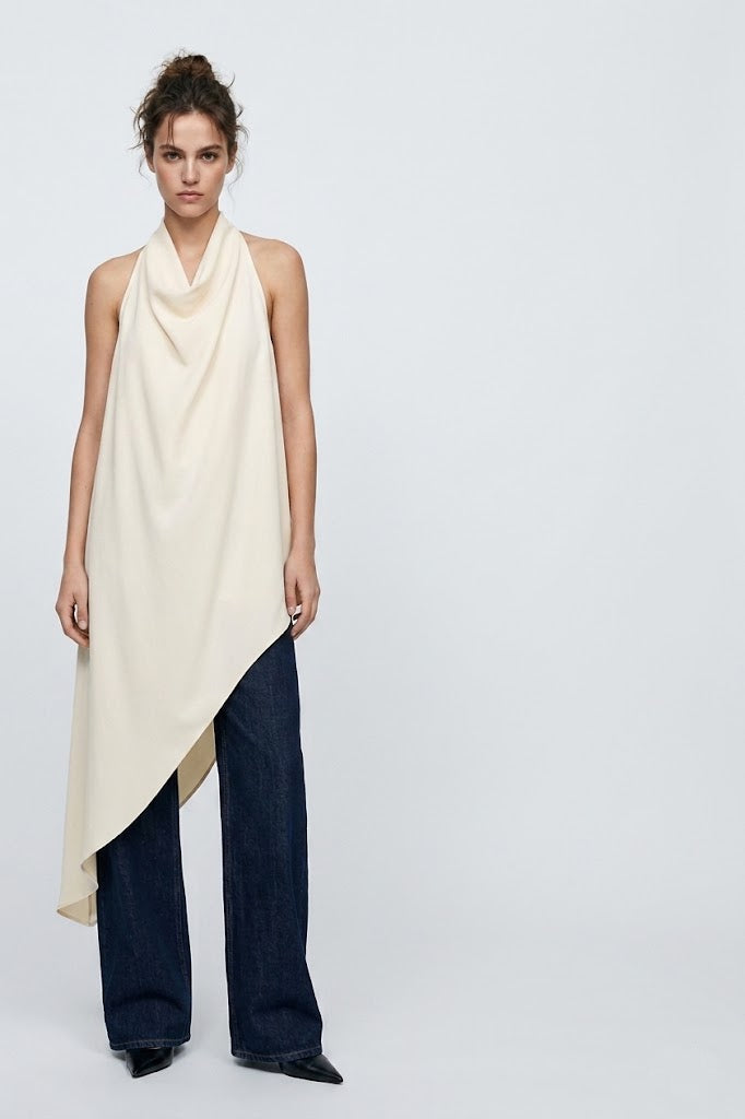 Ekru Asimetrik Kesim Degaje Yaka Halter Bluz