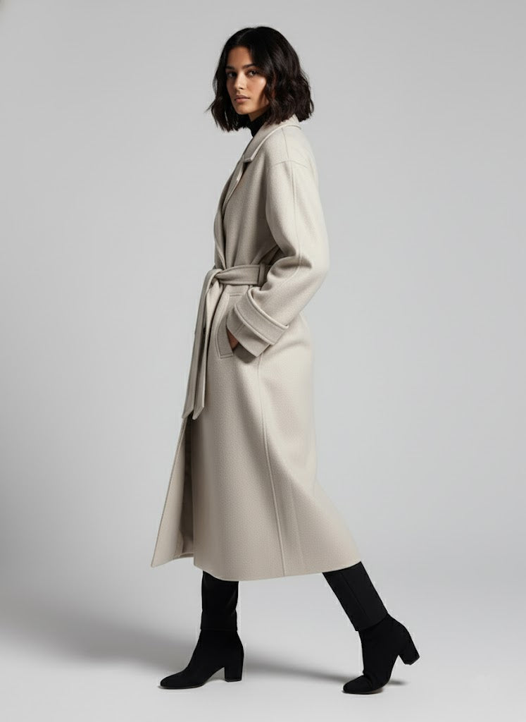 Belden Bağlamalı Uzun Kaşe Kaban Krem