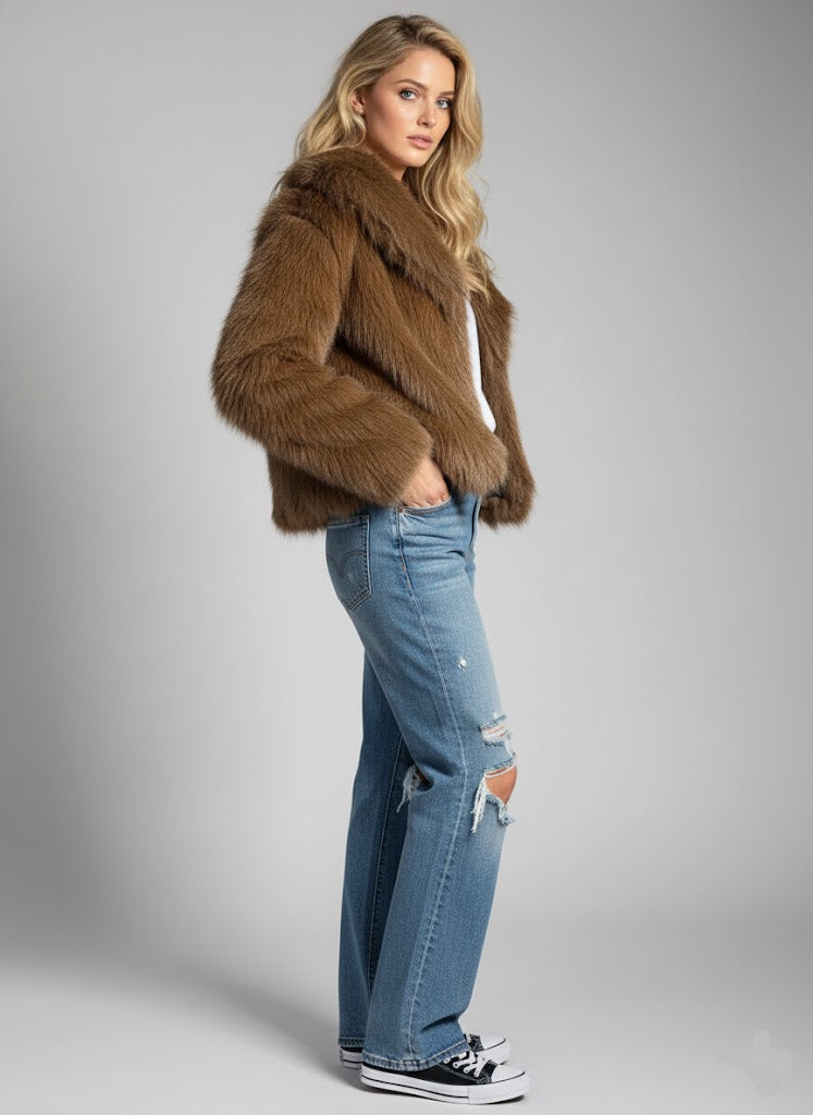 Kahverengi Şal Yaka Suni Kürk