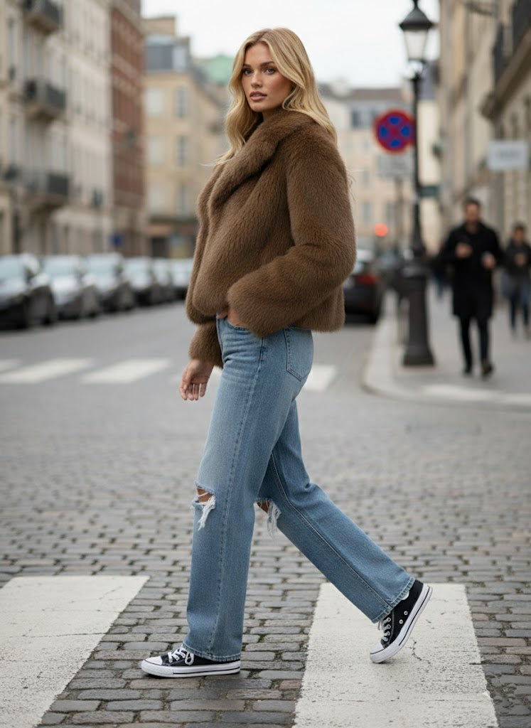 Kahverengi Şal Yaka Suni Kürk