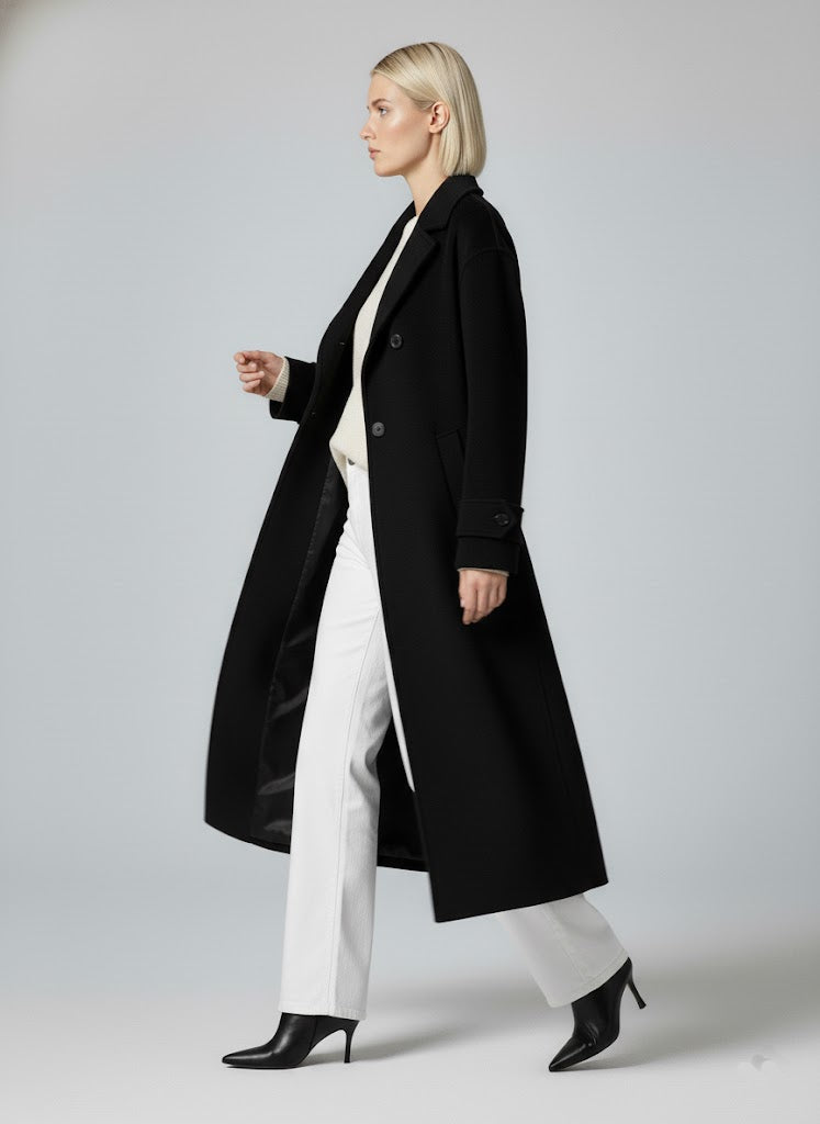 Belden Bağlamalı Uzun Kaşe Kaban Siyah