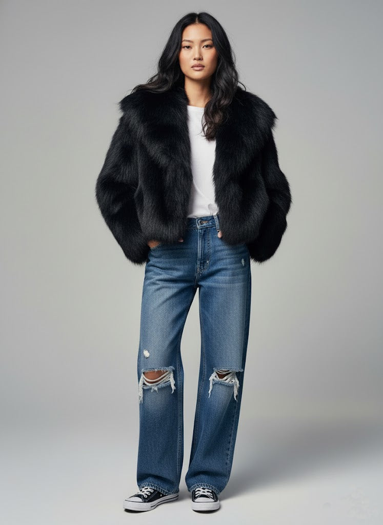 Siyah Şal Yaka Suni Kürk