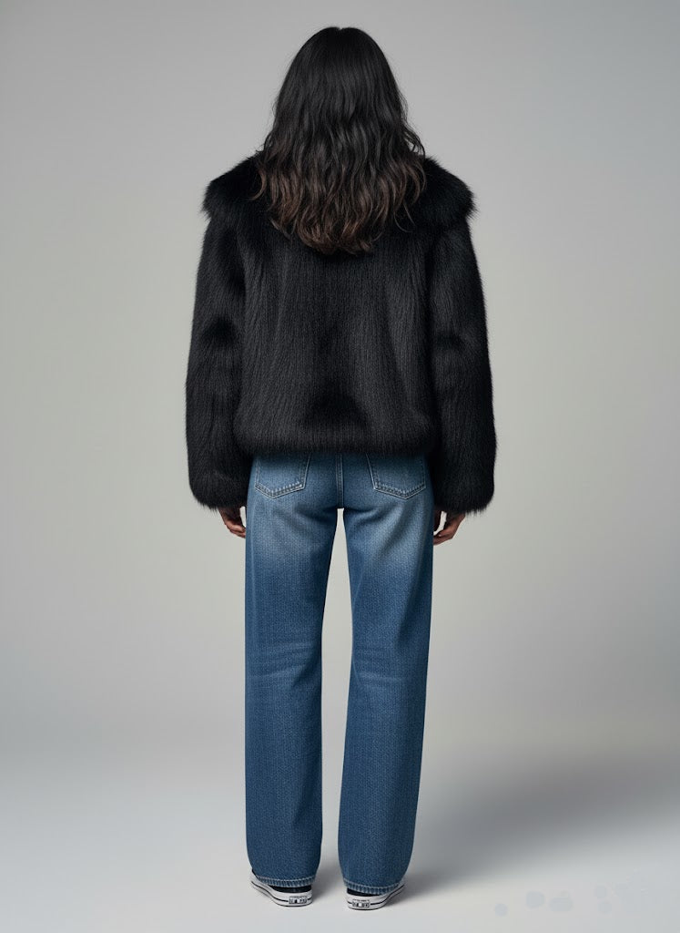 Siyah Şal Yaka Suni Kürk