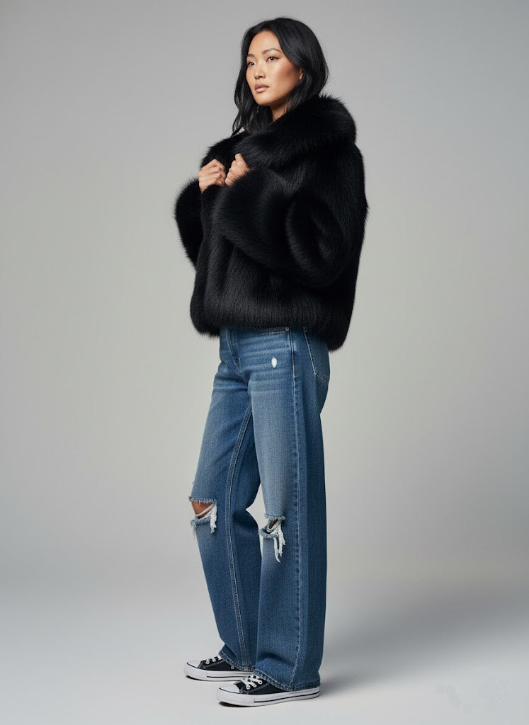 Siyah Şal Yaka Suni Kürk