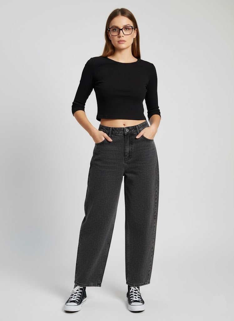 Füme Baggy Yüksek Bel Jean Pantolon