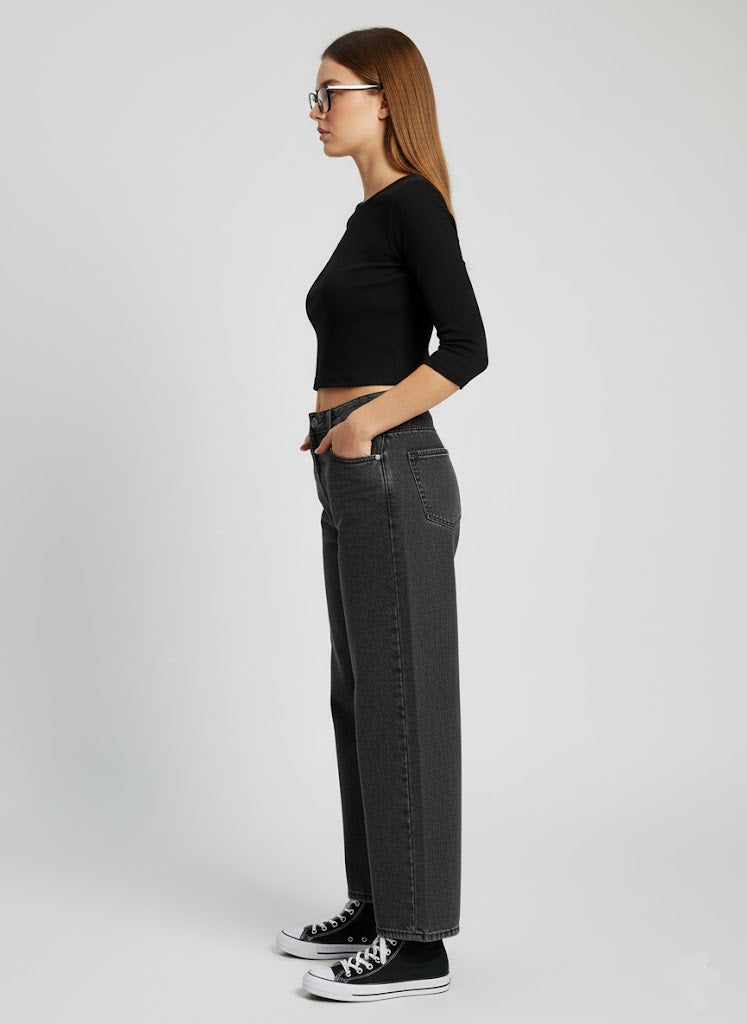 Füme Baggy Yüksek Bel Jean Pantolon