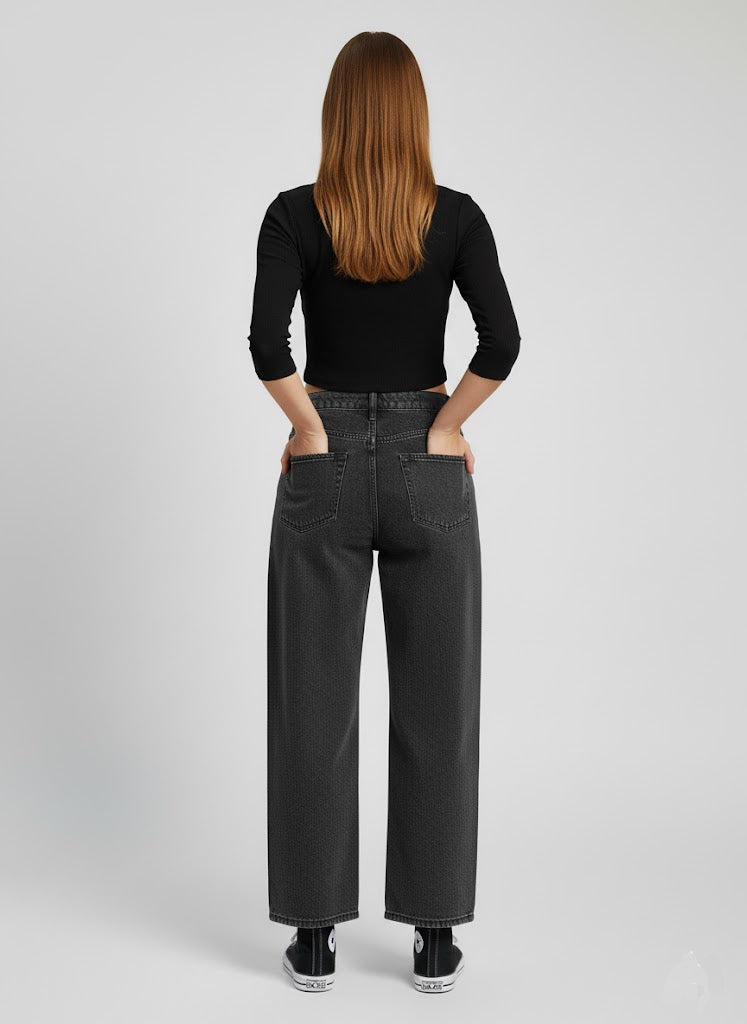 Füme Baggy Yüksek Bel Jean Pantolon