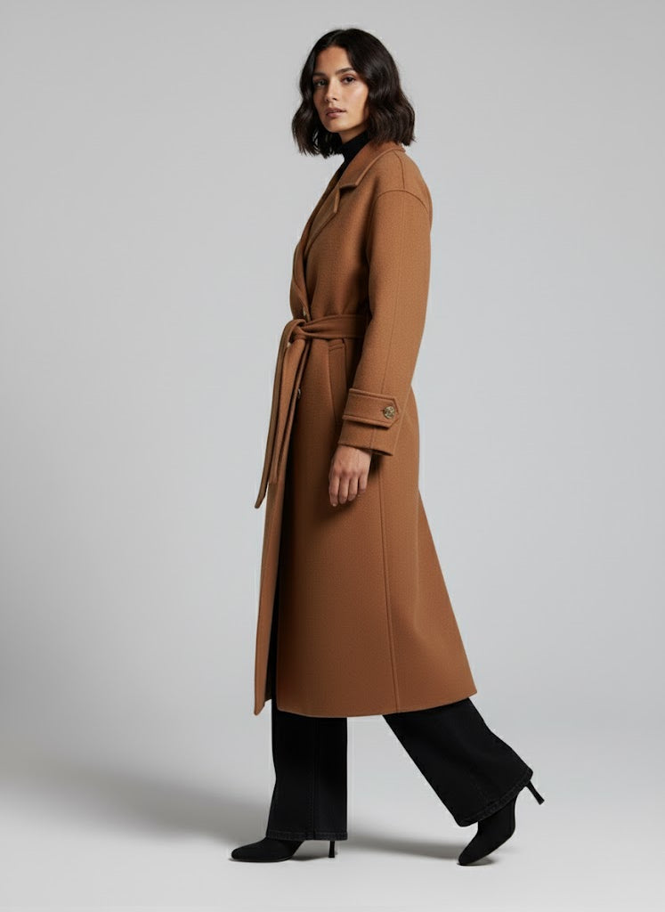 Belden Bağlamalı Uzun Kaşe Kaban Kahverengi