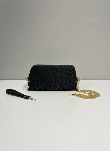 Siyah Leopar Desenli Zincirli Clutch