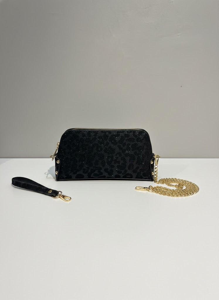 Siyah Leopar Desenli Zincirli Clutch