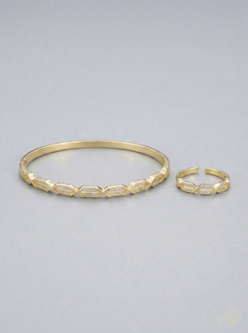 Gold Geometrik Petek Desenli Taşlı Kelepçe Bilezik ve Yüzük Seti