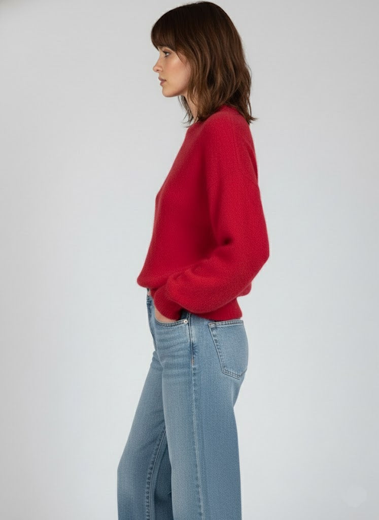 Kırmızı Balon Kollu Yumuşak Triko Kazak