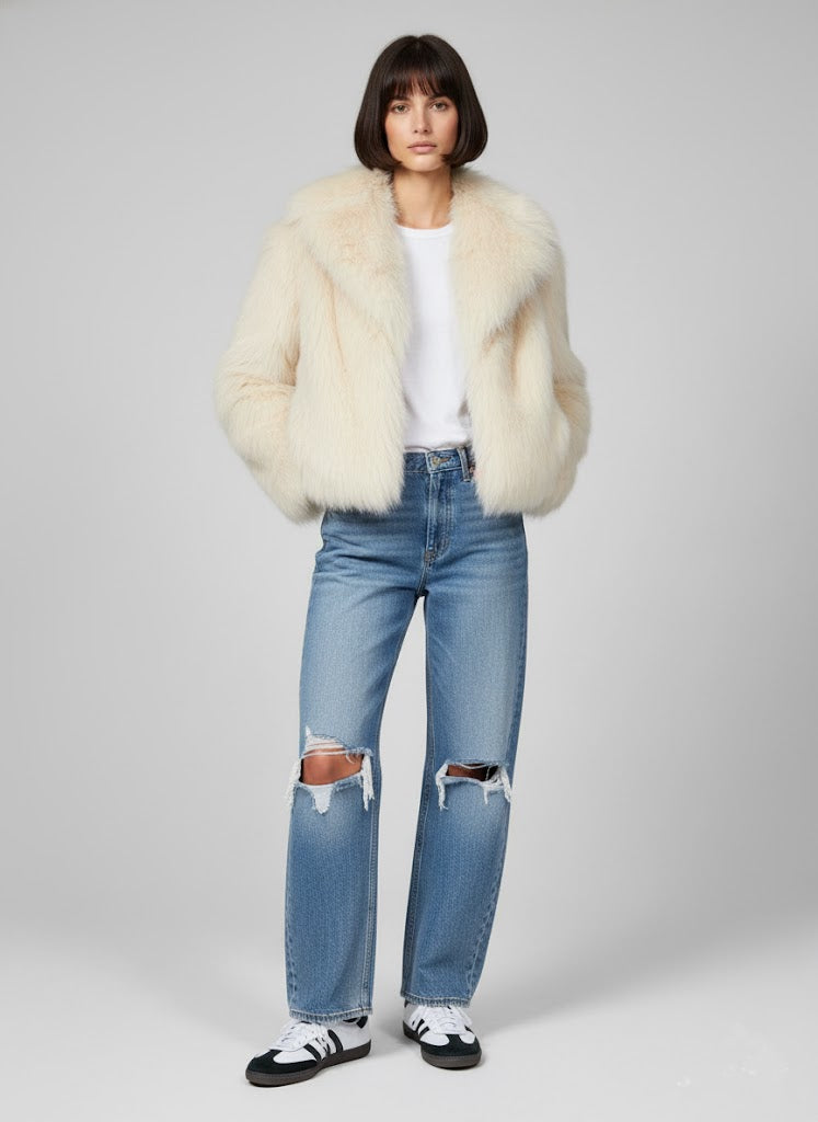 Krem Şal Yaka Suni Kürk