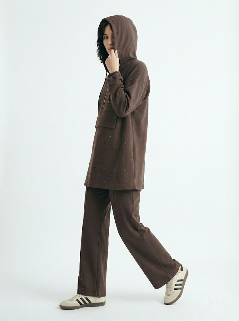 Kahverengi Taş Baskılı Kapüşonlu Takım