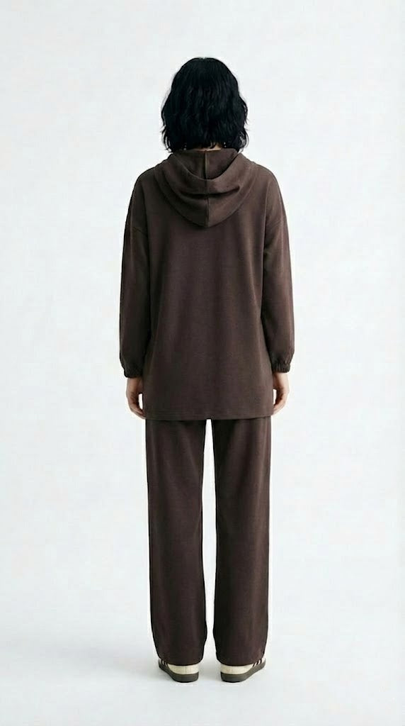Kahverengi Taş Baskılı Kapüşonlu Takım