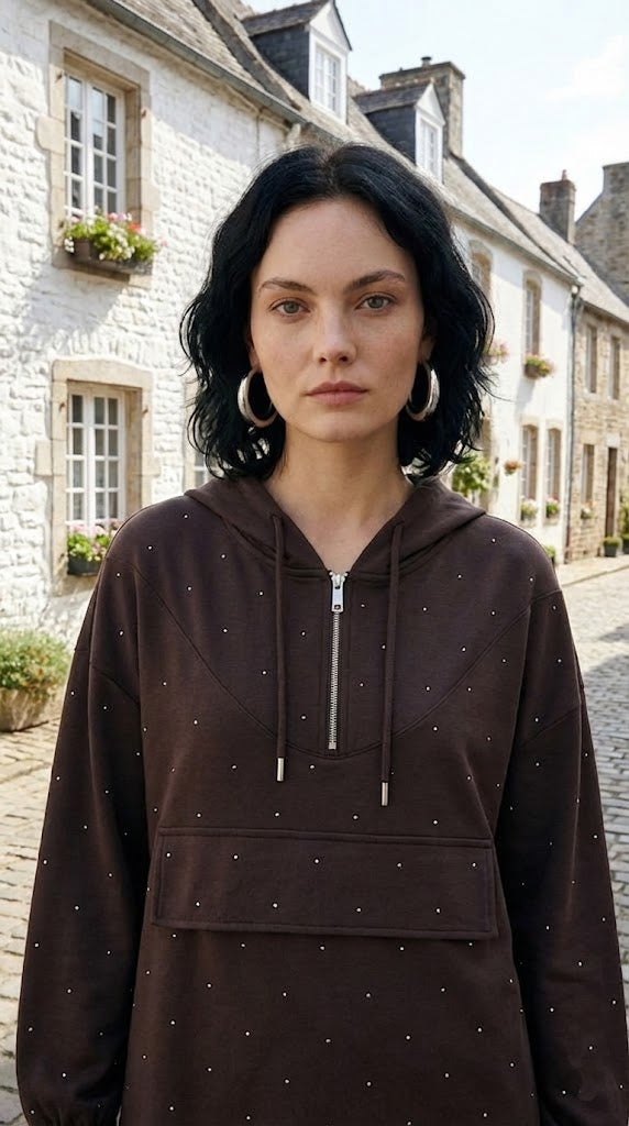 Kahverengi Taş Baskılı Kapüşonlu Takım