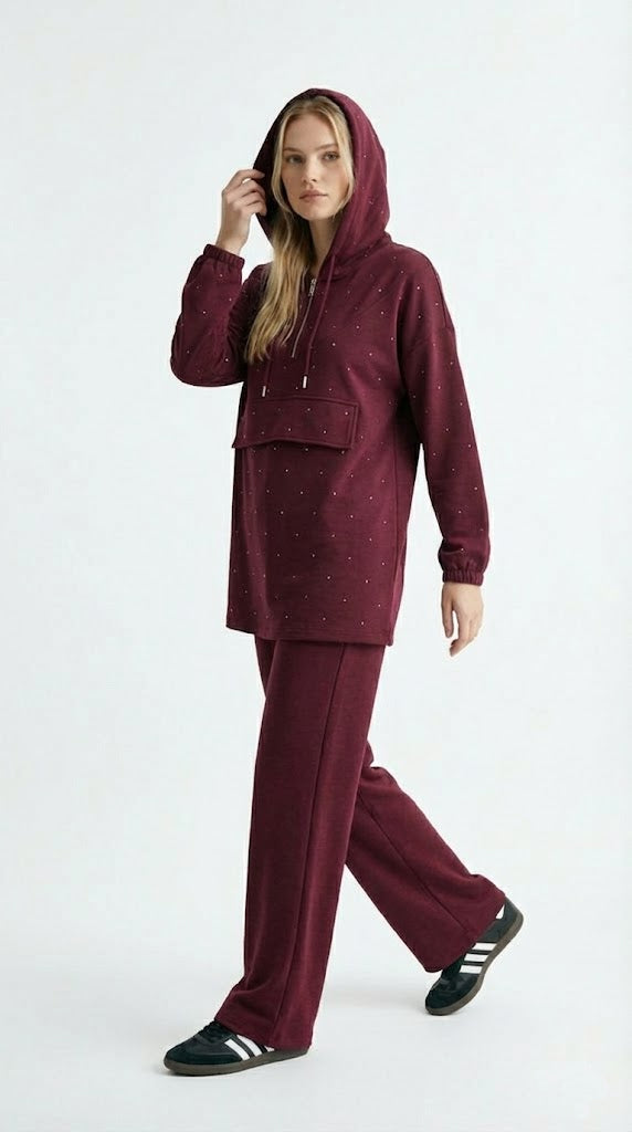 Bordo Taş Baskılı Kapüşonlu  Takım
