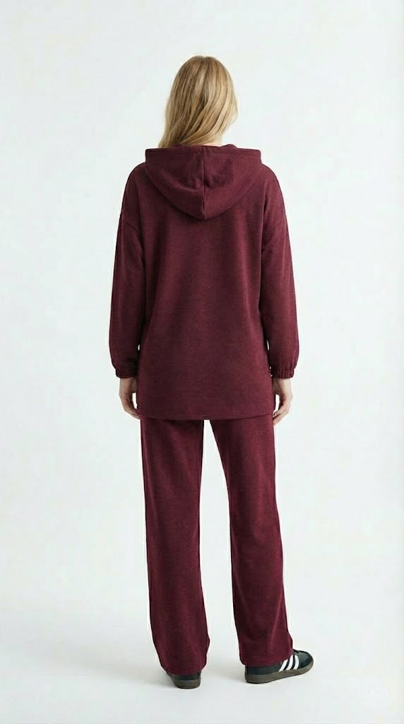 Bordo Taş Baskılı Kapüşonlu  Takım