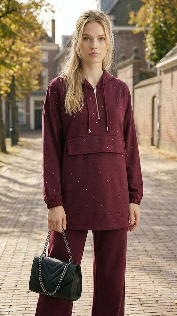 Bordo Taş Baskılı Kapüşonlu  Takım