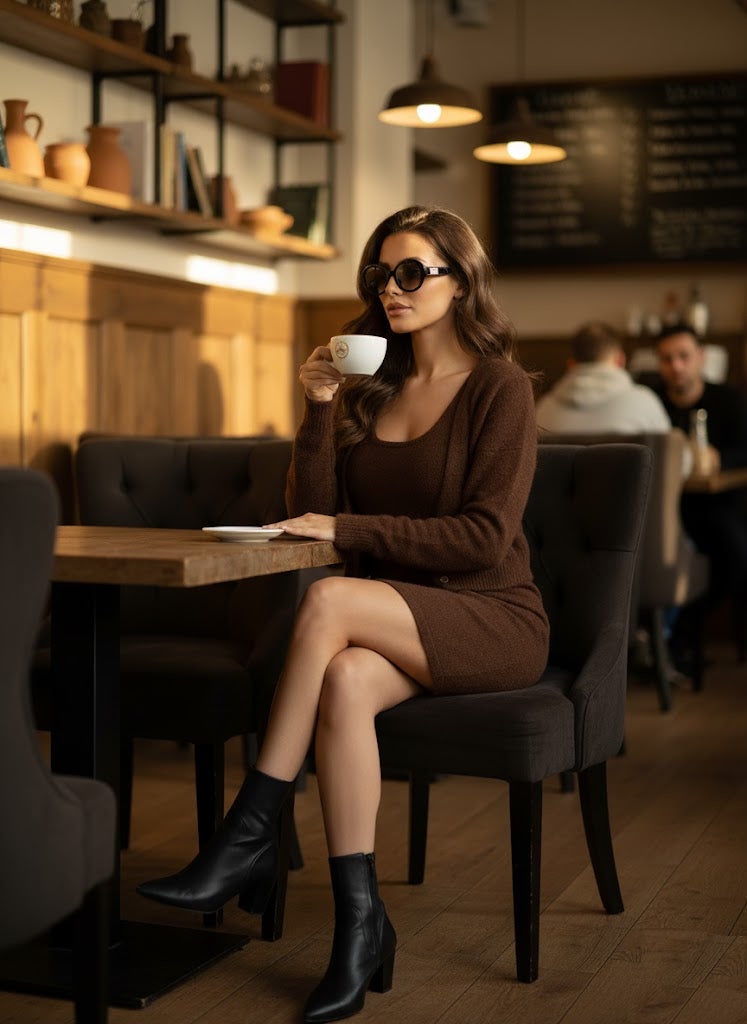 Acı Kahve Mini Elbise ve Crop Hırka Takım