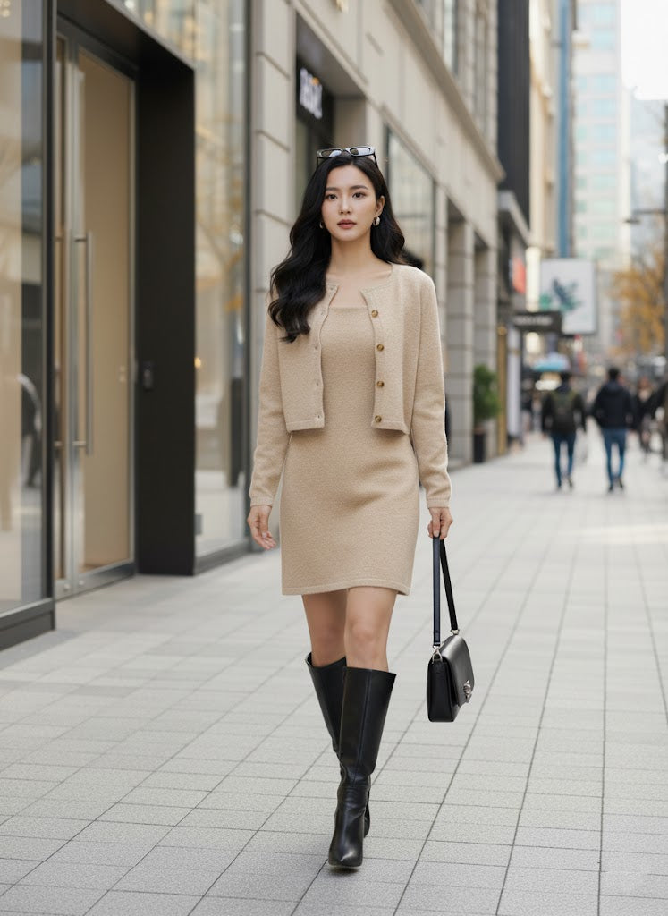 Krem Mini Elbise ve Crop Hırka Takım