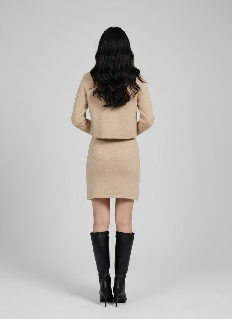 Krem Mini Elbise ve Crop Hırka Takım