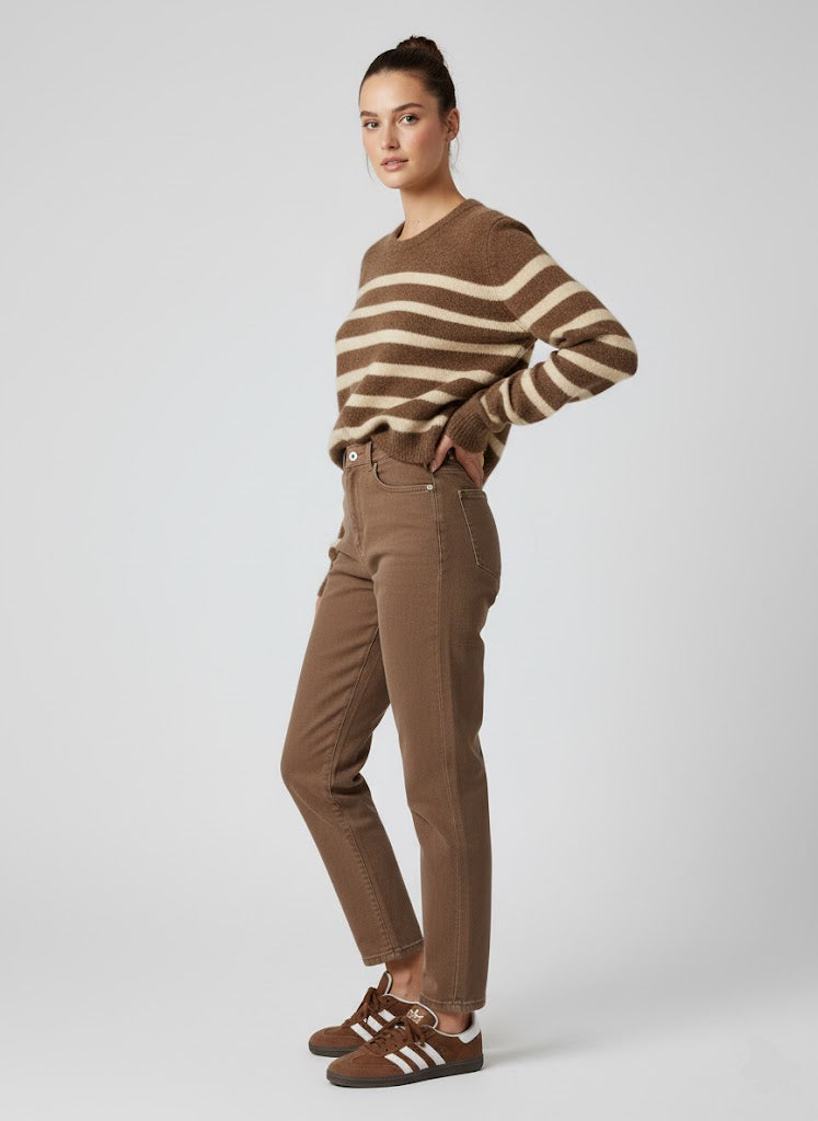 Kahverengi Krem Çizgili Triko Kazak
