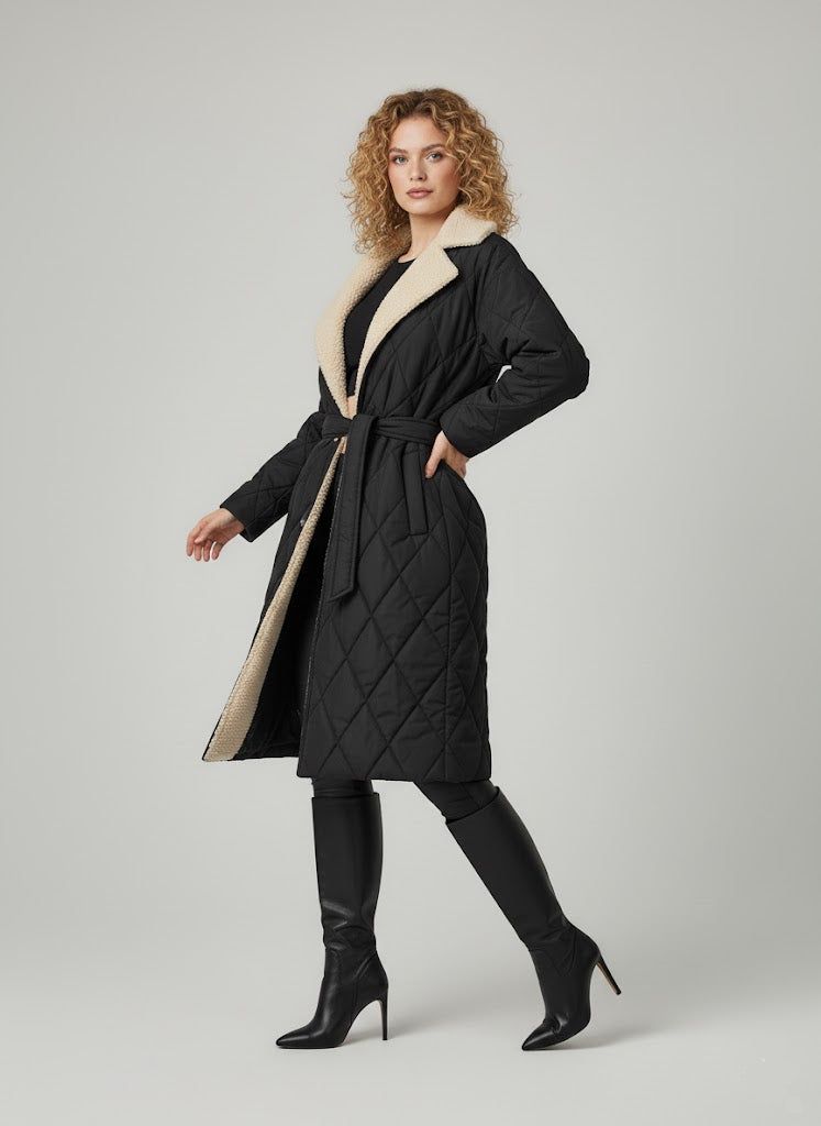 Siyah Yün Yakalı Kapitone Kaban