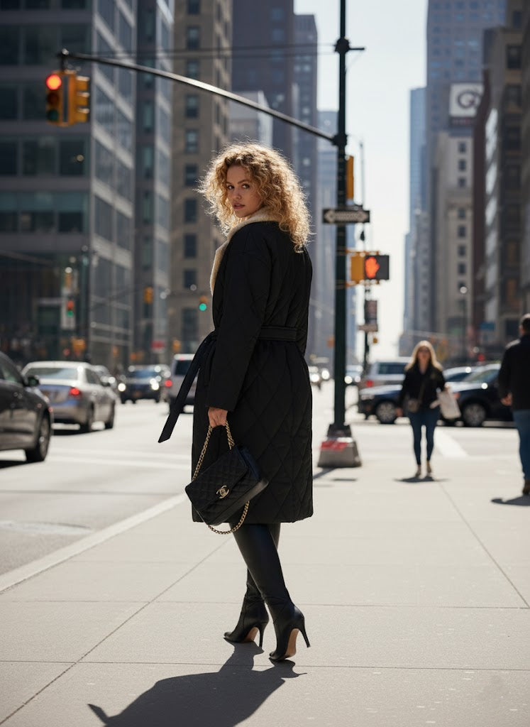 Siyah Yün Yakalı Kapitone Kaban